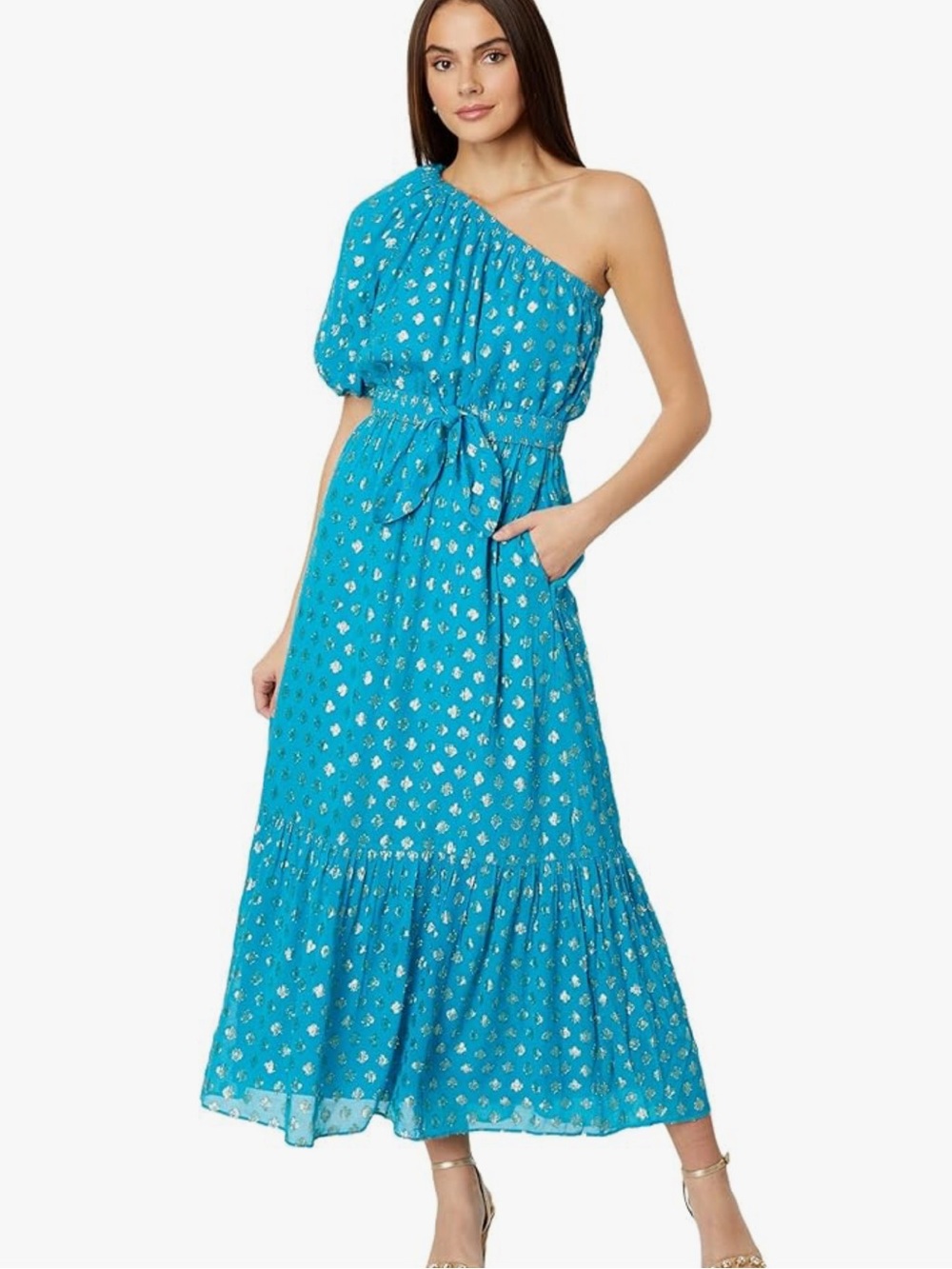 Lilly Pulitzer Zelalynn Teal & Gold one shoulder puff sleeve maxi